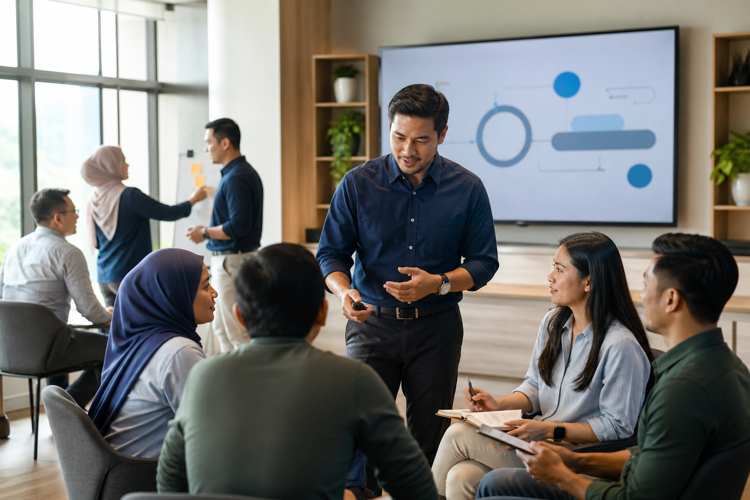 Malaysian trainer facilitating an active workplace learning session