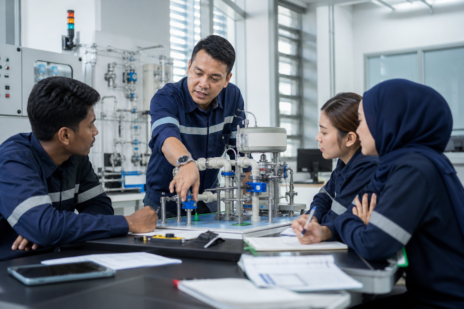 Malaysian trainer guiding participants through a practical workplace simulation